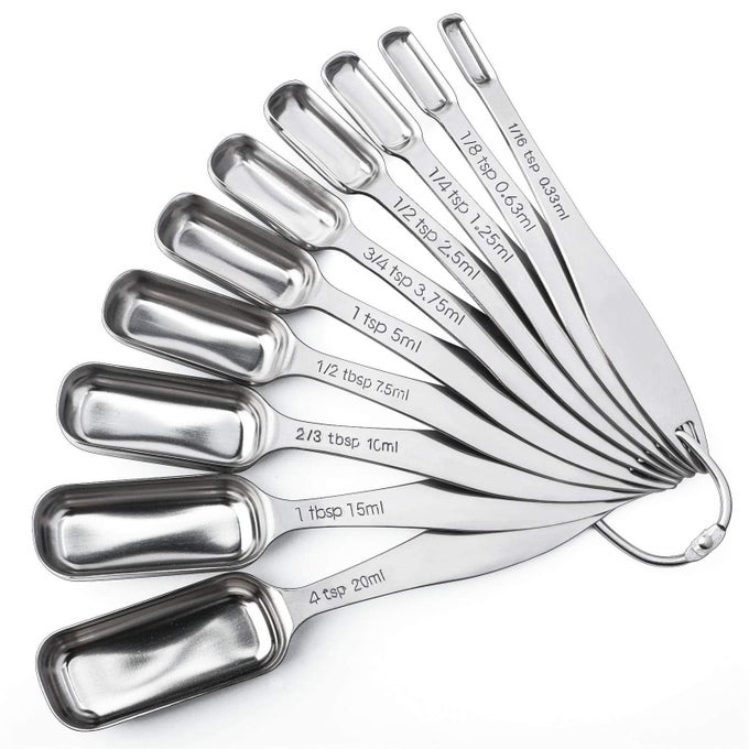 STAINLESS STEEL NARROW MEASURING SPOONS HEAVY DUTY METAL MEASURING SPOONS WITH LONG HANDLE AND ENGRAVED MEASUREMENTS SET OF 10 FOR DRY OR LIQUID FITS IN SPICE JAR