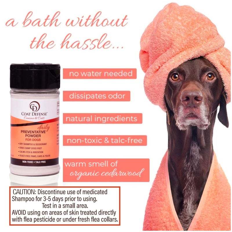COAT DEFENSE Preventative Powder | Made in USA | 3.5oz Waterless Dog Shampoo & Pet Deodorizer for Smelly Dogs | Provides Anti Itch Relief | Dog Shampoo for Dry Itchy Skin & Smelly Dogs - Image 3