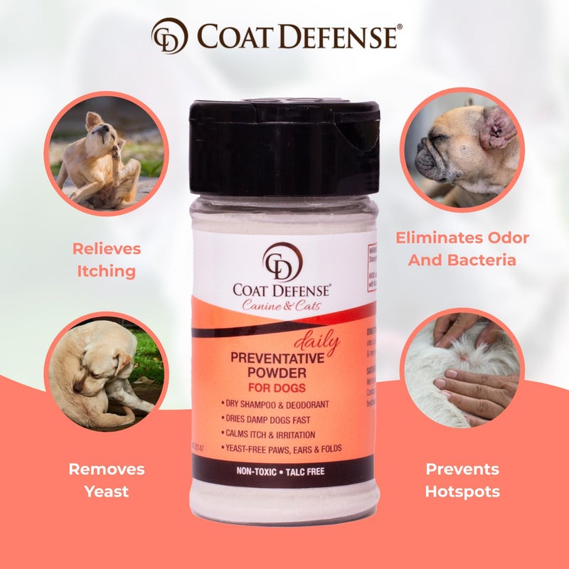 COAT DEFENSE Preventative Powder | Made in USA | 3.5oz Waterless Dog Shampoo & Pet Deodorizer for Smelly Dogs | Provides Anti Itch Relief | Dog Shampoo for Dry Itchy Skin & Smelly Dogs - Image 2