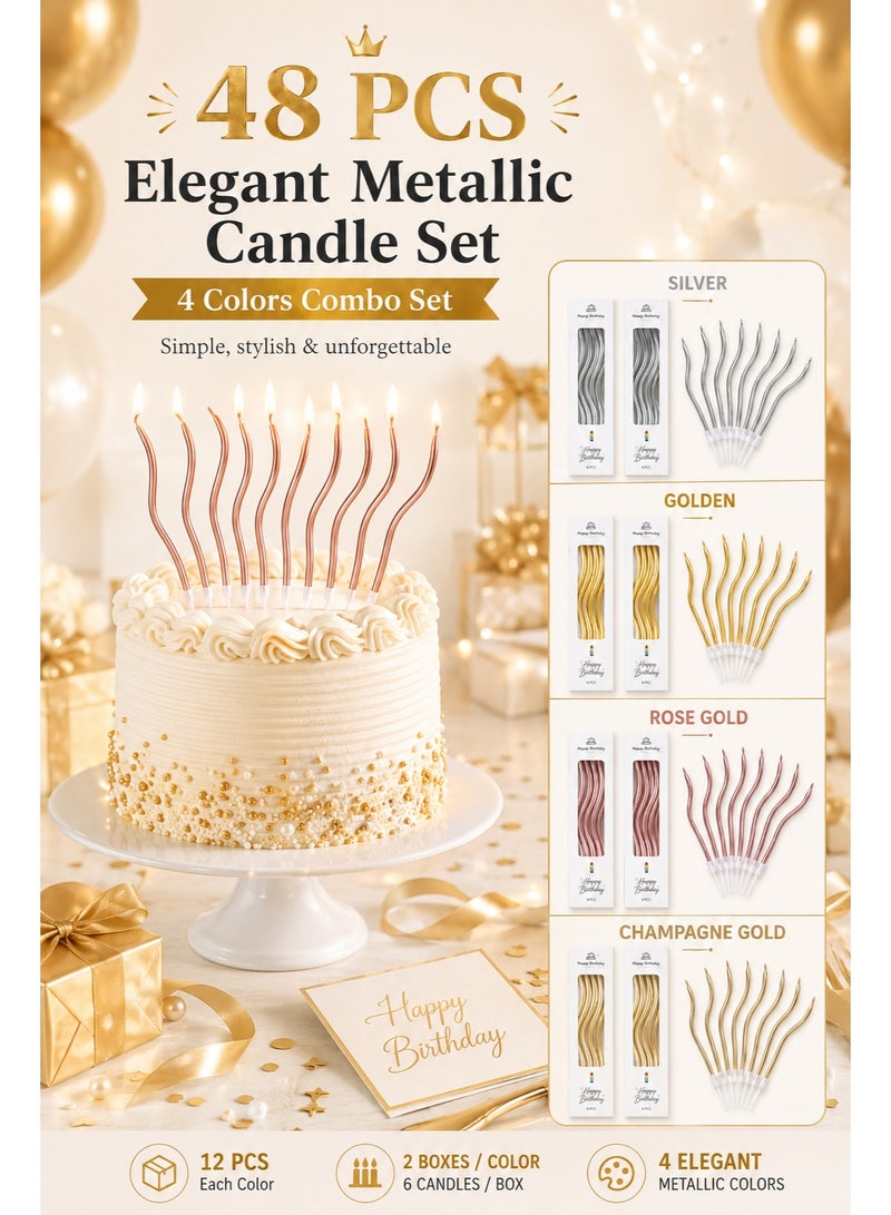 48pcs Curved Birthday Candles, 4 Colors Bent Cake Candles Set, 12pcs Each Color, Metallic Gold Silver Rose Gold Champagne Gold Candles for Birthday Cake, Wedding, Eid Party and Celebration Decoration - Image 3