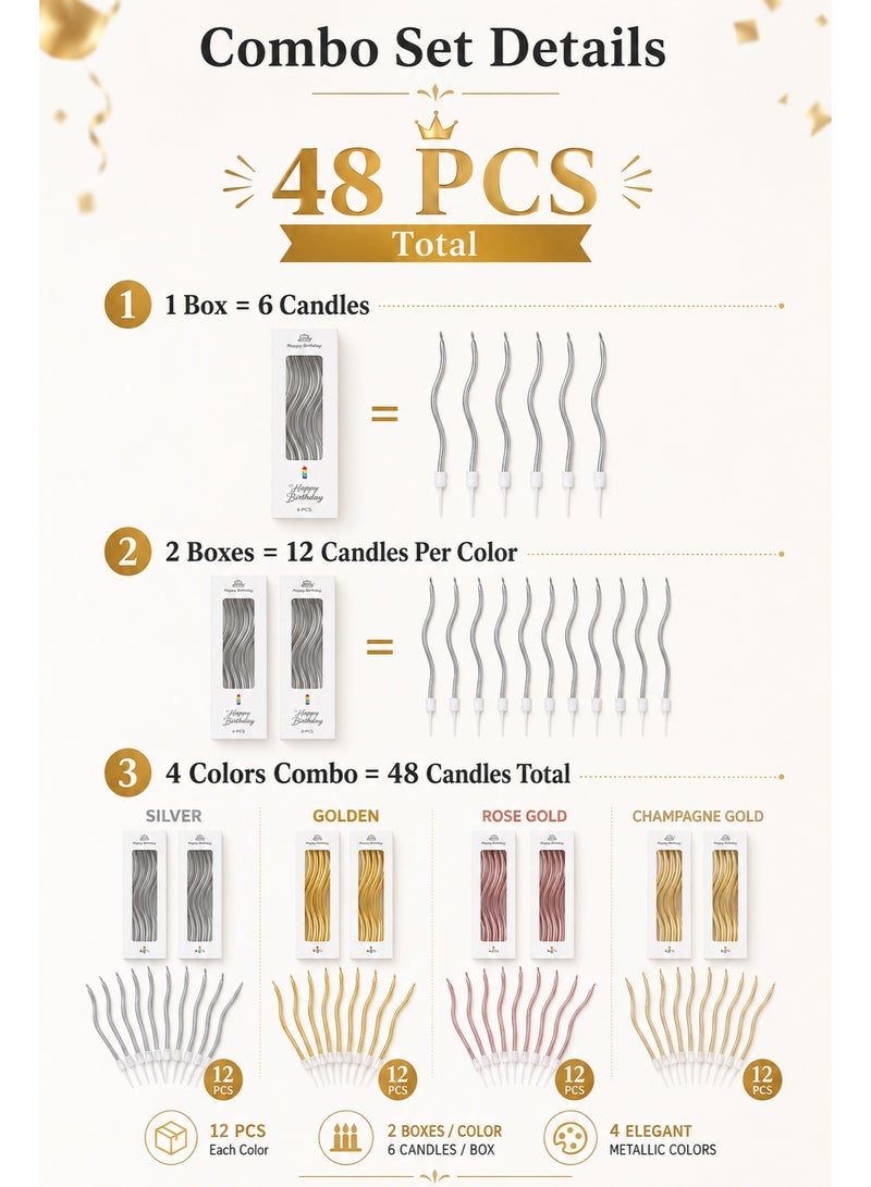 48pcs Curved Birthday Candles, 4 Colors Bent Cake Candles Set, 12pcs Each Color, Metallic Gold Silver Rose Gold Champagne Gold Candles for Birthday Cake, Wedding, Eid Party and Celebration Decoration - Image 5
