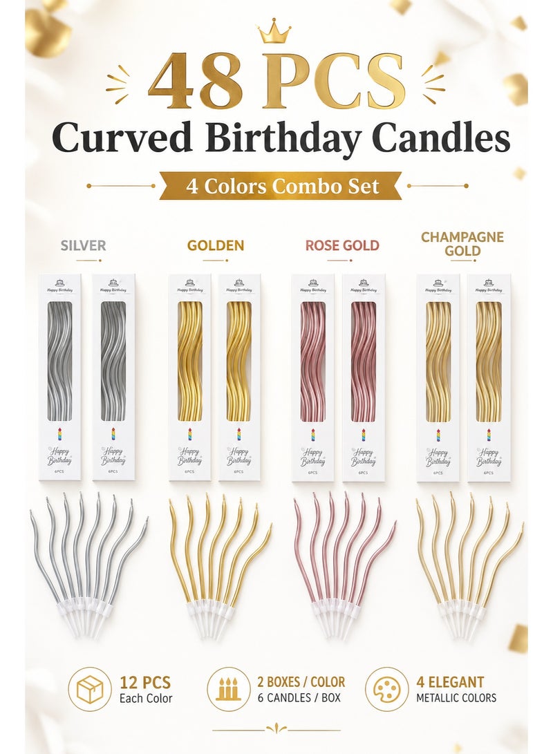 48pcs Curved Birthday Candles, 4 Colors Bent Cake Candles Set, 12pcs Each Color, Metallic Gold Silver Rose Gold Champagne Gold Candles for Birthday Cake, Wedding, Eid Party and Celebration Decoration - Image 1