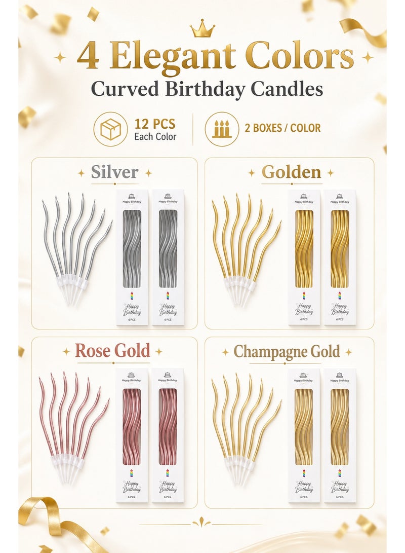 48pcs Curved Birthday Candles, 4 Colors Bent Cake Candles Set, 12pcs Each Color, Metallic Gold Silver Rose Gold Champagne Gold Candles for Birthday Cake, Wedding, Eid Party and Celebration Decoration - Image 4