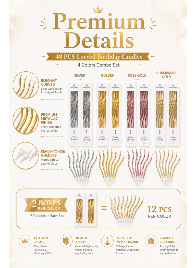 48pcs Curved Birthday Candles, 4 Colors Bent Cake Candles Set, 12pcs Each Color, Metallic Gold Silver Rose Gold Champagne Gold Candles for Birthday Cake, Wedding, Eid Party and Celebration Decoration - Image 2