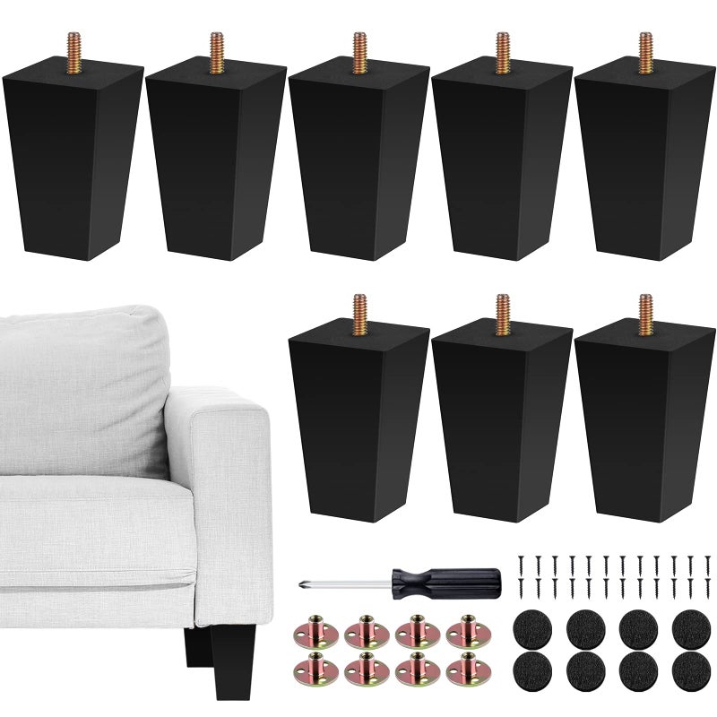 Turstin Set Of 8 Furniture Legs 4 Inch Square Solid Wood Couch Legs Replacement Sofa Legs Mid Century Furniture Feet For Armchair Bed Dresser Cabinet Include Installation Hardware Black - Image 1