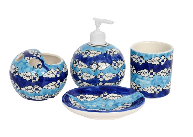 Skywalk Hand Painted Ceramic Bathroom Set of 4 Pcs - Liquid Soap Dispenser, Soap Dish,Tumbler and Brush Holder for Bathroom Décor and Home Gift Set SWKA-1274