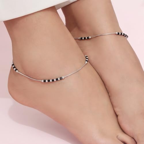 ZAVYA 925 Sterling Silver Dark Allure Black Beads Rhodium Plated Anklet (Pair) | Gift for Women and Girls | 1 Year Plating Warranty - Image 2