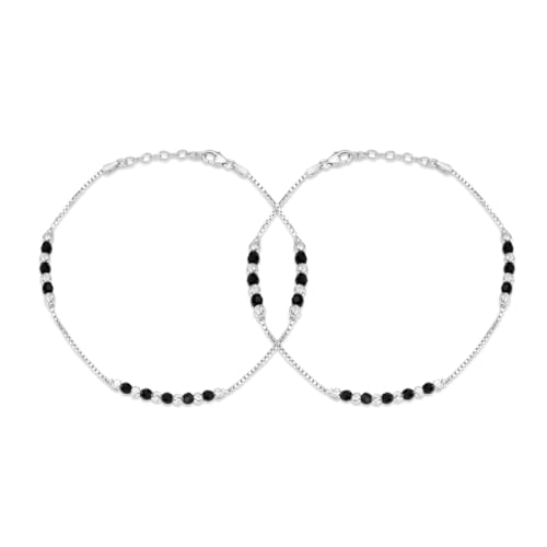 ZAVYA 925 Sterling Silver Dark Allure Black Beads Rhodium Plated Anklet (Pair) | Gift for Women and Girls | 1 Year Plating Warranty - Image 1