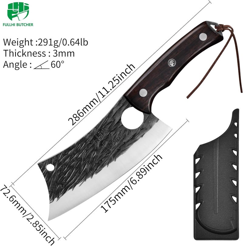 FULLHI Kitchen Knife with Guard, Multi-color Handle Meat Cleaver Knife for Meat Cutting, High Carbon Steel Forged Butcher Full Tang Chef Knife for Outdoor Cooking, Camping BBQ (Brown) - Image 2