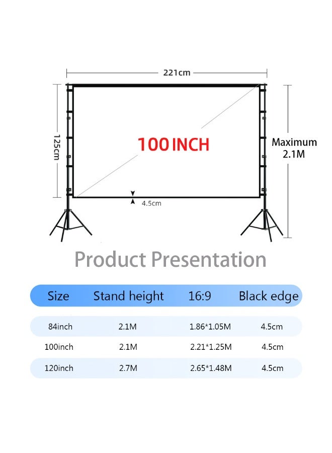 Projector Screen with Stand, 100 inch 16:9 HD 4K Projection Screen with Tripod for Film TV and Video, Portable Movie Screen for Indoor Home Theater Outdoor Backyard (221 x 125CM) - Image 2