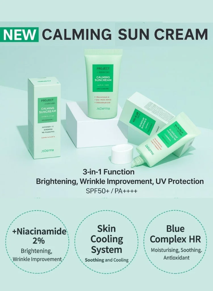 J'sDerma Calming Sun Cream SPF 50+ PA++++ 50ml – Brightening, Anti-Wrinkle, UV Protection, Lightweight &amp; Hydrating with Soothing Cooling Effect for Sensitive Skin