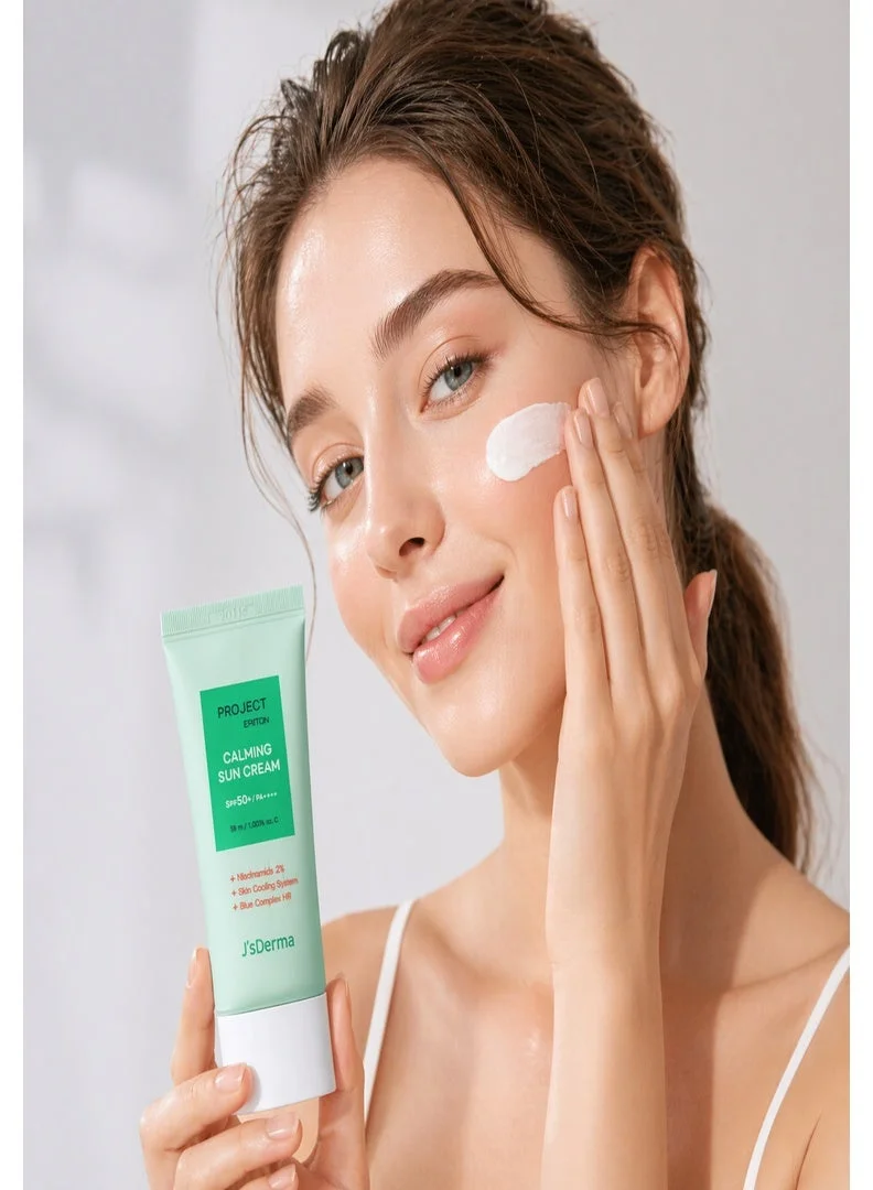 J'sderma  Korean Calming Sunscreen 50ml SPF 50+ PA++++ Brightening + Anti-Wrinkle + UV Protection I Soothing & Cooling Effect for Sensitive Skin Lightweight, Hydrating Sun Cream for Men & Women  | Best Price UAE
