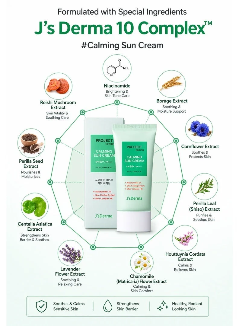 J'sderma  Korean Calming Sunscreen 50ml SPF 50+ PA++++ Brightening + Anti-Wrinkle + UV Protection I Soothing & Cooling Effect for Sensitive Skin Lightweight, Hydrating Sun Cream for Men & Women  | Best Price UAE