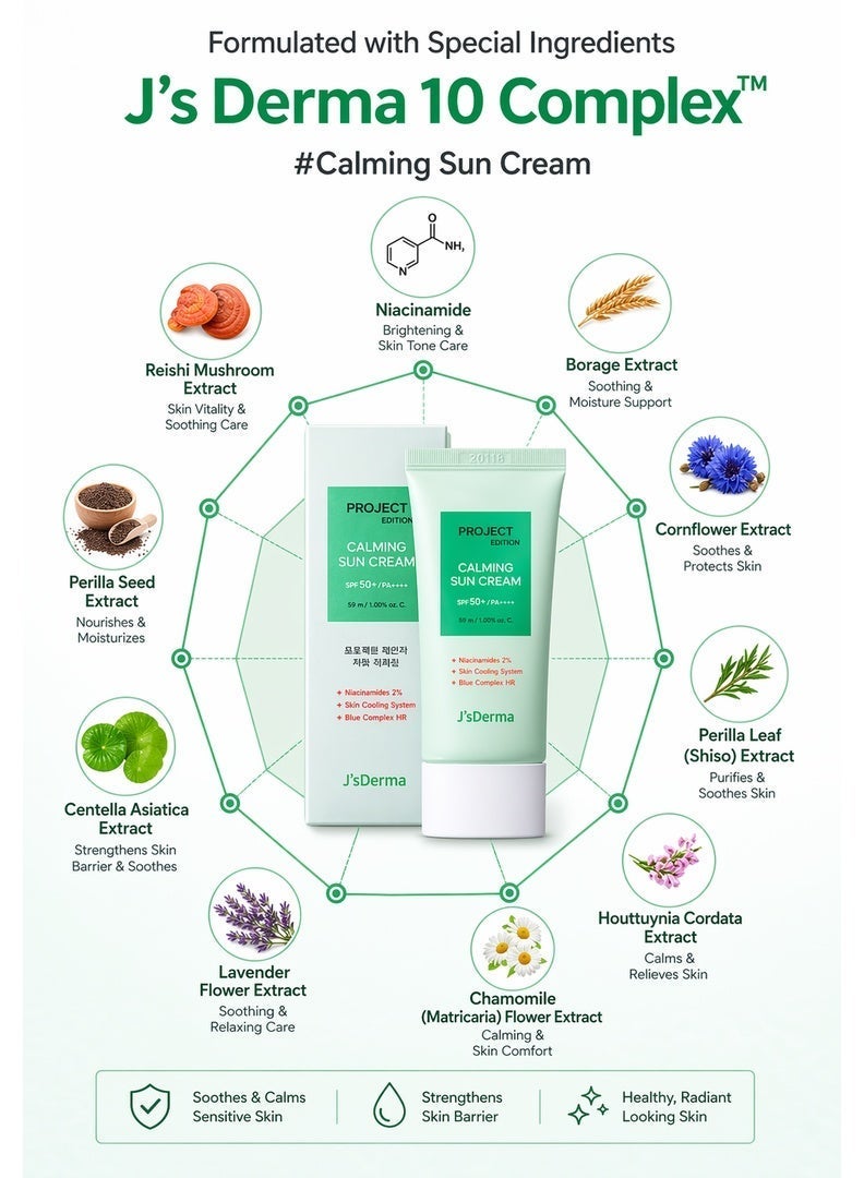 J'sDerma Korean Calming Sunscreen 50ml SPF 50+ PA++++ Brightening + Anti-Wrinkle + UV Protection I Soothing & Cooling Effect for Sensitive Skin Lightweight, Hydrating Sun Cream for Men & Women - Image 4