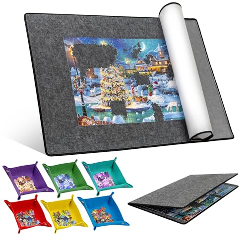 Becko US 2000pc Foldable Puzzle Board with 6 Colorful Trays TPU Cover Portable Lightweight Puzzle Table Felt Mat with Auxiliary Lines for Storage for 2000 1500 1000 Pieces Puzzles Dark Gray - Image 1