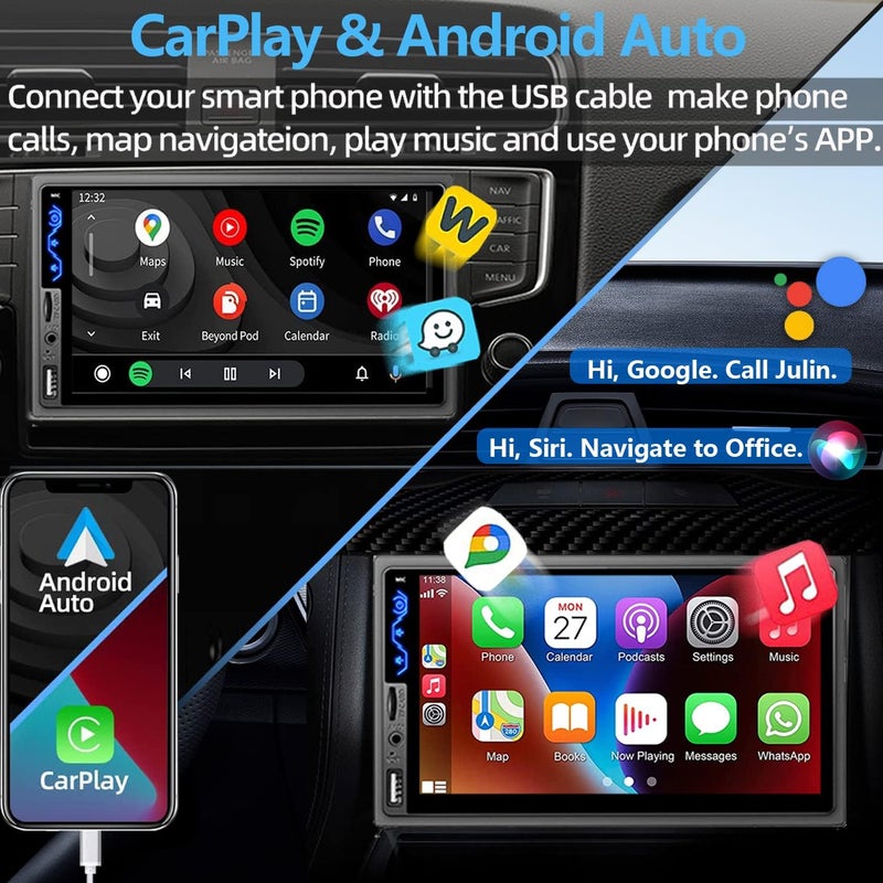 Naifay Double Din Car Stereo with Apple CarPlay and Android Auto - 7 Inch HD Touchscreen with Bluetooth and Backup Camera - Image 2