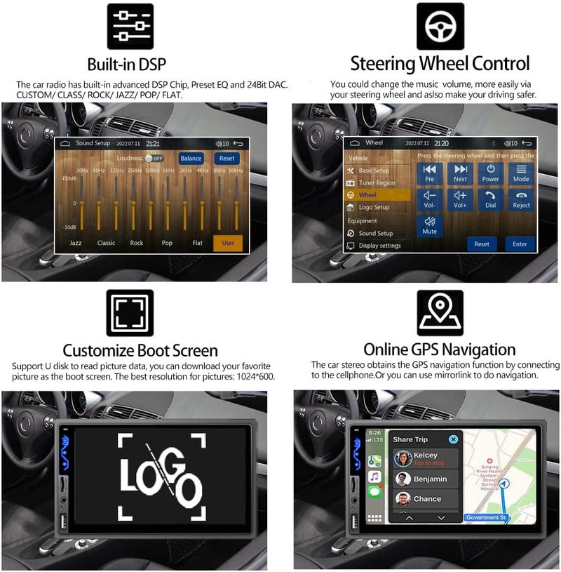 Naifay Double Din Car Stereo with Apple CarPlay and Android Auto - 7 Inch HD Touchscreen with Bluetooth and Backup Camera - Image 4
