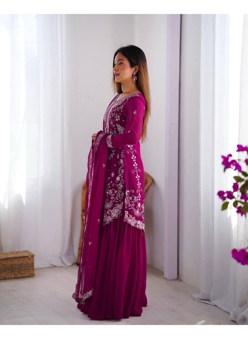 Super Asian Elegant Faux Georgette Thread & Sequence Work Sharara Set with Dupatta – Full Stitch, Elastic Waist  - Image 3