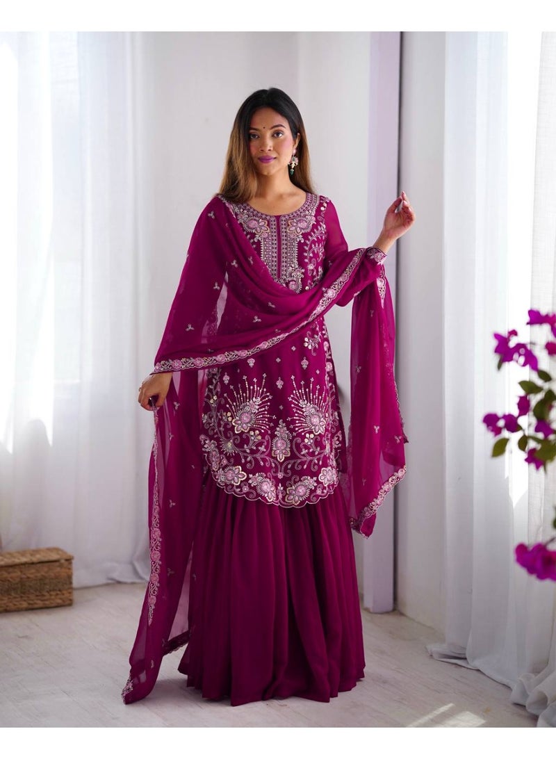 Super Asian Elegant Faux Georgette Thread & Sequence Work Sharara Set with Dupatta – Full Stitch, Elastic Waist  - Image 2