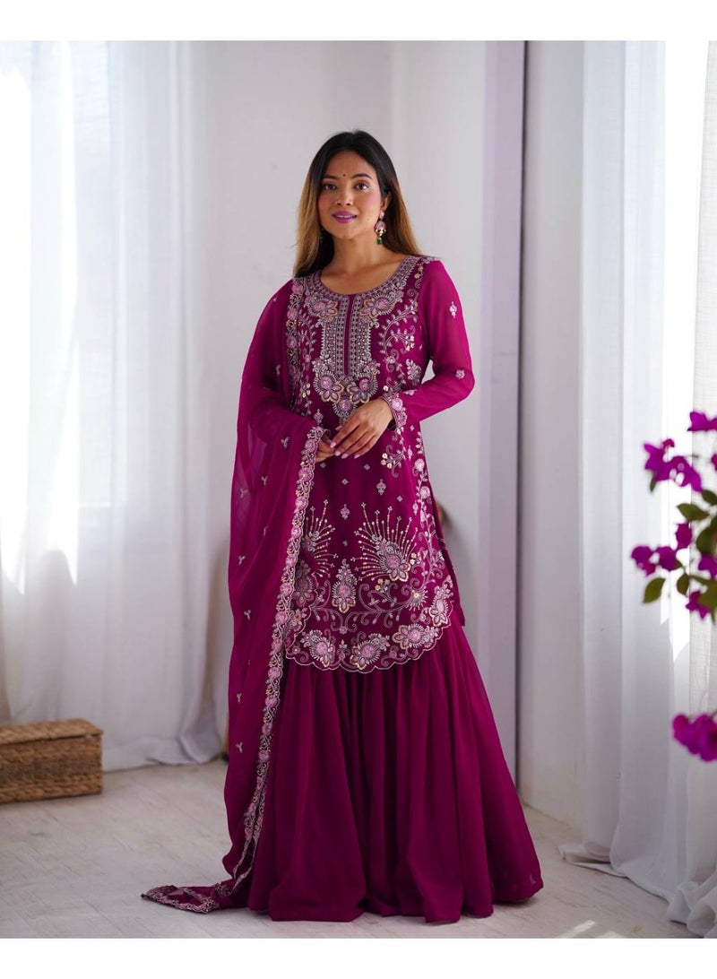 Super Asian Elegant Faux Georgette Thread & Sequence Work Sharara Set with Dupatta – Full Stitch, Elastic Waist  - Image 1