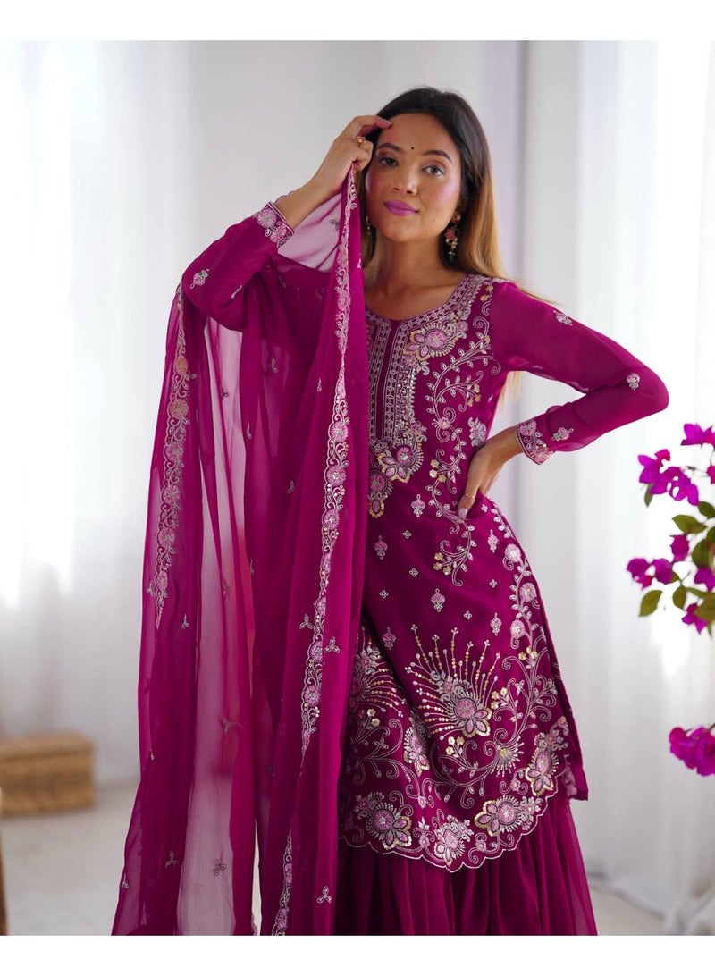 Super Asian Elegant Faux Georgette Thread & Sequence Work Sharara Set with Dupatta – Full Stitch, Elastic Waist  - Image 5