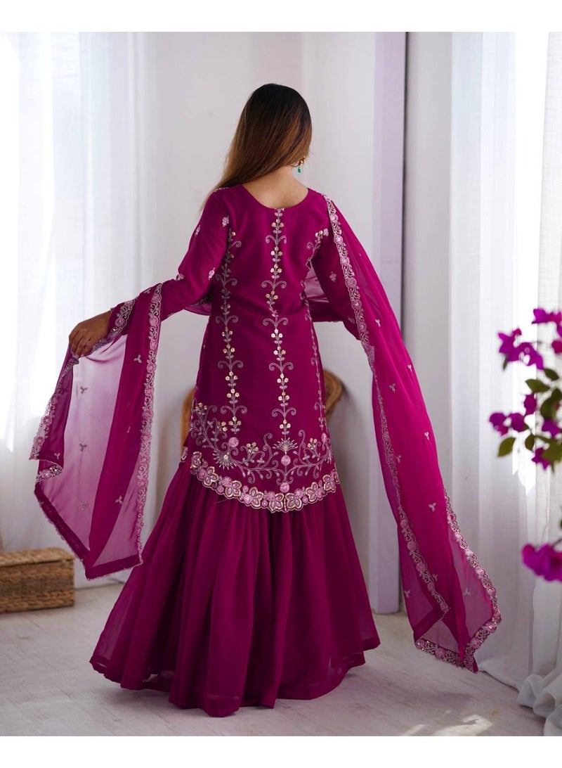 Super Asian Elegant Faux Georgette Thread & Sequence Work Sharara Set with Dupatta – Full Stitch, Elastic Waist  - Image 4