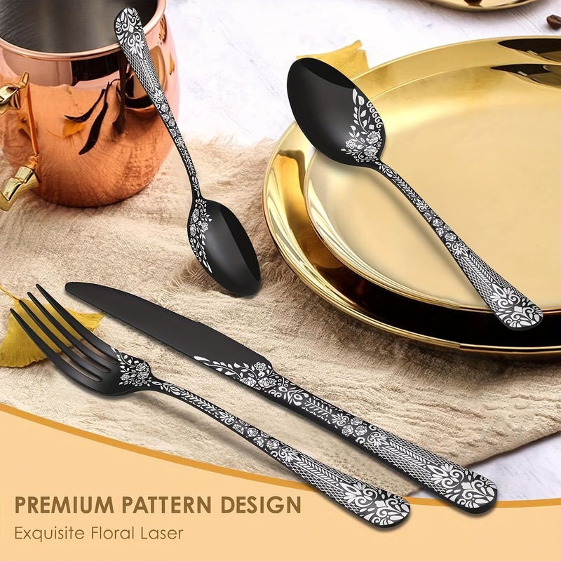 36 Piece Black Stainless Steel Flatware Set With Patterned Steak Knives Forks And Spoons Unique Design Mirror Polished Dishwasher Safe - Image 4