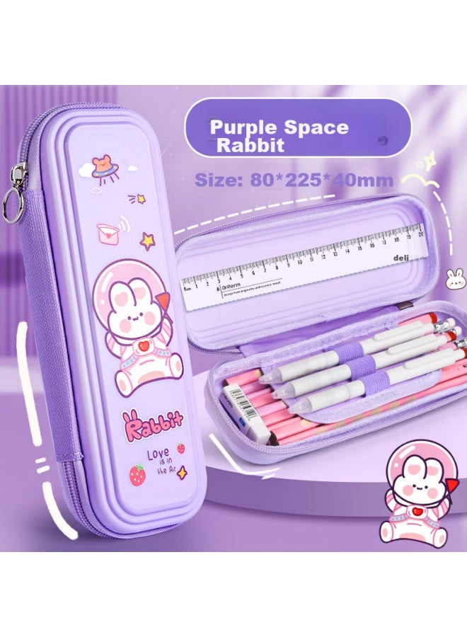 Children's Gift Stationery Box Pencil Case For Elementary School Students, Cartoon Cute Girl's Pencil Case, Kindergarten First Grade Large Capacity Crush-resistant, Purple Space Rabbit - Image 1