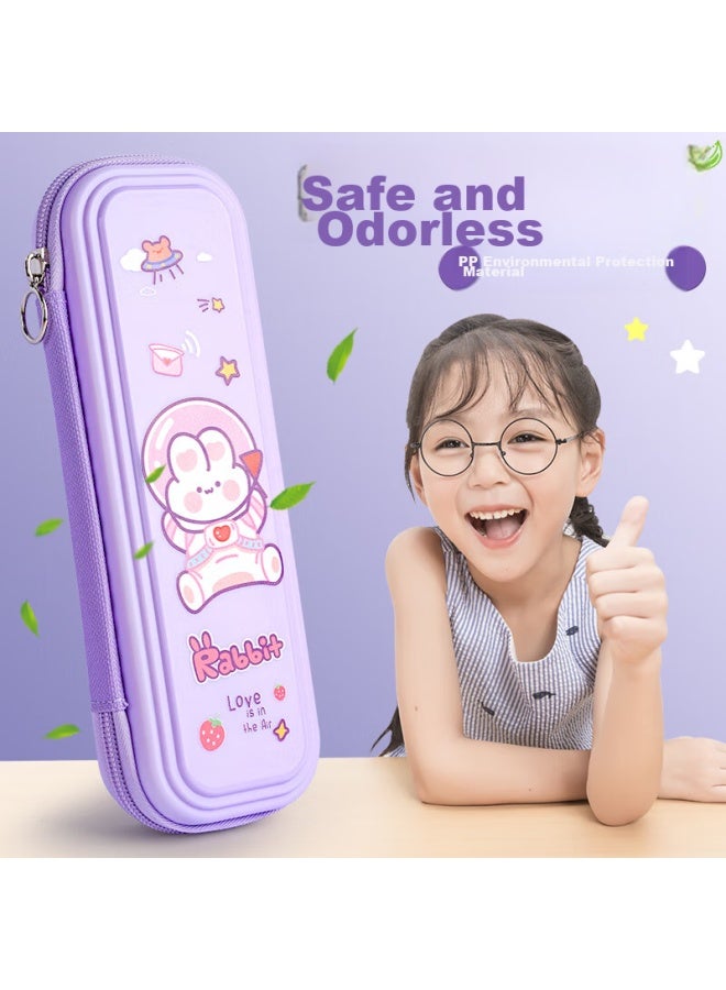 Children's Gift Stationery Box Pencil Case For Elementary School Students, Cartoon Cute Girl's Pencil Case, Kindergarten First Grade Large Capacity Crush-resistant, Purple Space Rabbit - Image 3