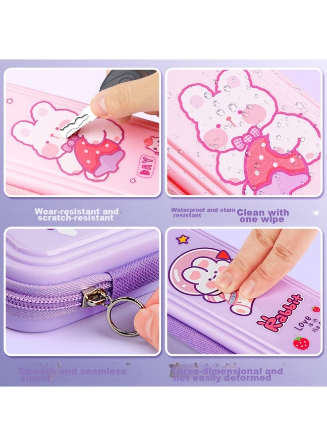 Children's Gift Stationery Box Pencil Case For Elementary School Students, Cartoon Cute Girl's Pencil Case, Kindergarten First Grade Large Capacity Crush-resistant, Purple Space Rabbit - Image 2