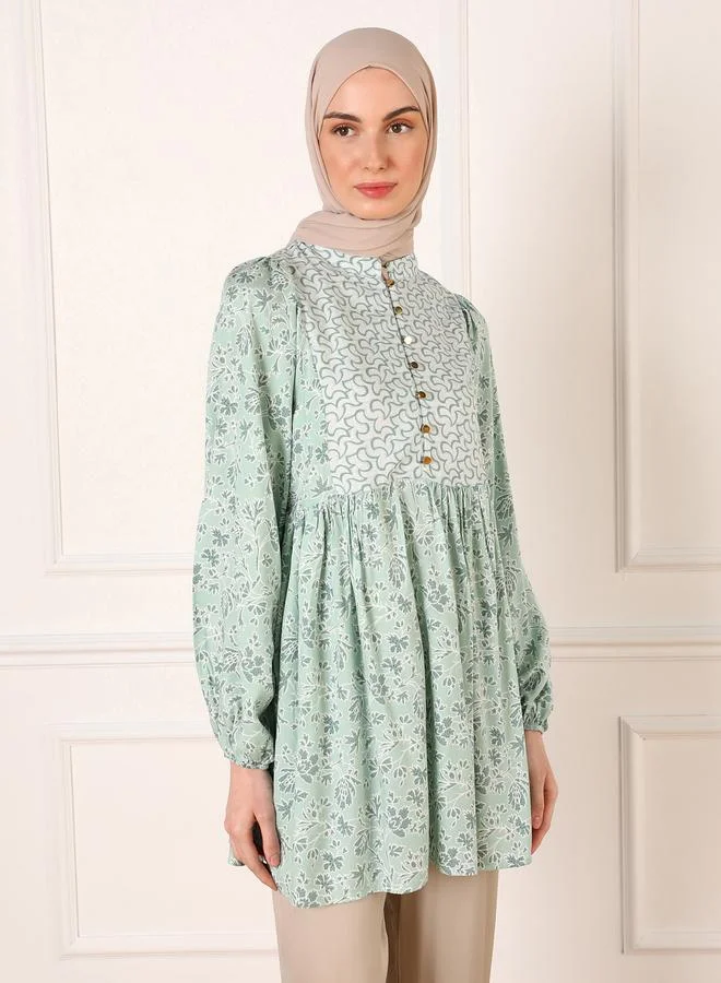 رفقة من مودانيسا رفقة من مودانيسا تونيك أخضر بطبعة زهور وأكمام بالون بأزرار