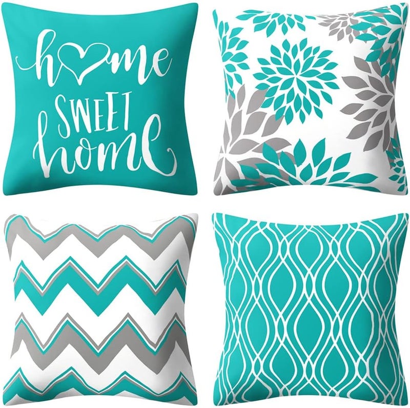 Drmstow Teal Pillow Covers 18x18 Set of 4 Turquoise and Grey Blue Geometric Decorative Throw Pillow Cushion Covers for Couch Living Room Bed Outdoor Patio Furniture Indoors Home Decor… - Image 1