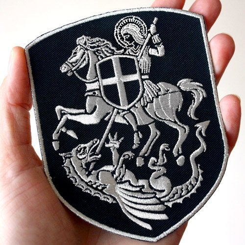 VEGASBEE® St. George Saint Patch Mounted Slaying Dragon Saint George Cross Shield Christian Embroidered Iron-On Patch Emblem Silver Metallic Medium Size 4.5" by 3.5" inches USA - Image 5