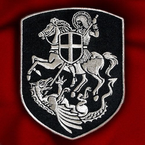 VEGASBEE® St. George Saint Patch Mounted Slaying Dragon Saint George Cross Shield Christian Embroidered Iron-On Patch Emblem Silver Metallic Medium Size 4.5" by 3.5" inches USA - Image 3