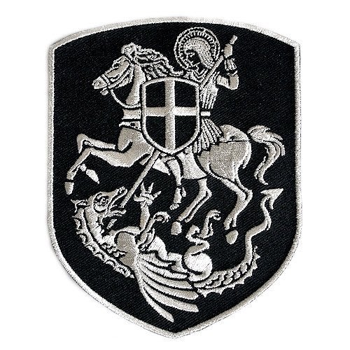 VEGASBEE® St. George Saint Patch Mounted Slaying Dragon Saint George Cross Shield Christian Embroidered Iron-On Patch Emblem Silver Metallic Medium Size 4.5" by 3.5" inches USA - Image 1