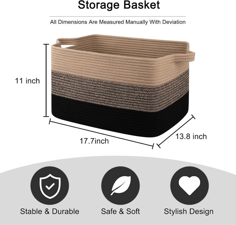 OIAHOMY Cotton Rope Rectangle Basket - Woven Storage for Nursery, Living Room, Toys - With Handle - 18"x14"x12" - Yellow Black - Image 3