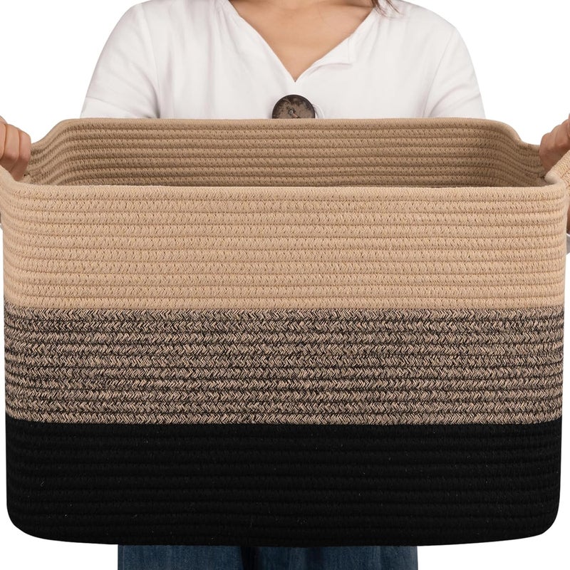 OIAHOMY Cotton Rope Rectangle Basket - Woven Storage for Nursery, Living Room, Toys - With Handle - 18"x14"x12" - Yellow Black - Image 1
