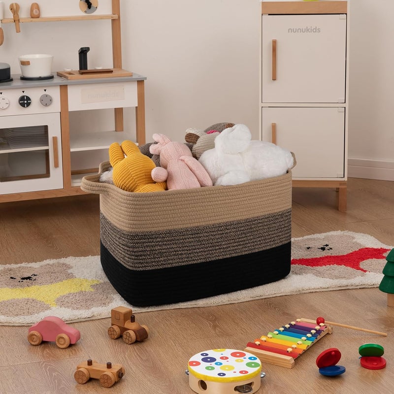 OIAHOMY Cotton Rope Rectangle Basket - Woven Storage for Nursery, Living Room, Toys - With Handle - 18"x14"x12" - Yellow Black - Image 2