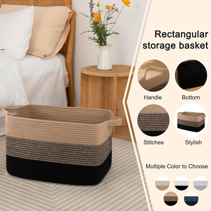 OIAHOMY Cotton Rope Rectangle Basket - Woven Storage for Nursery, Living Room, Toys - With Handle - 18"x14"x12" - Yellow Black - Image 5
