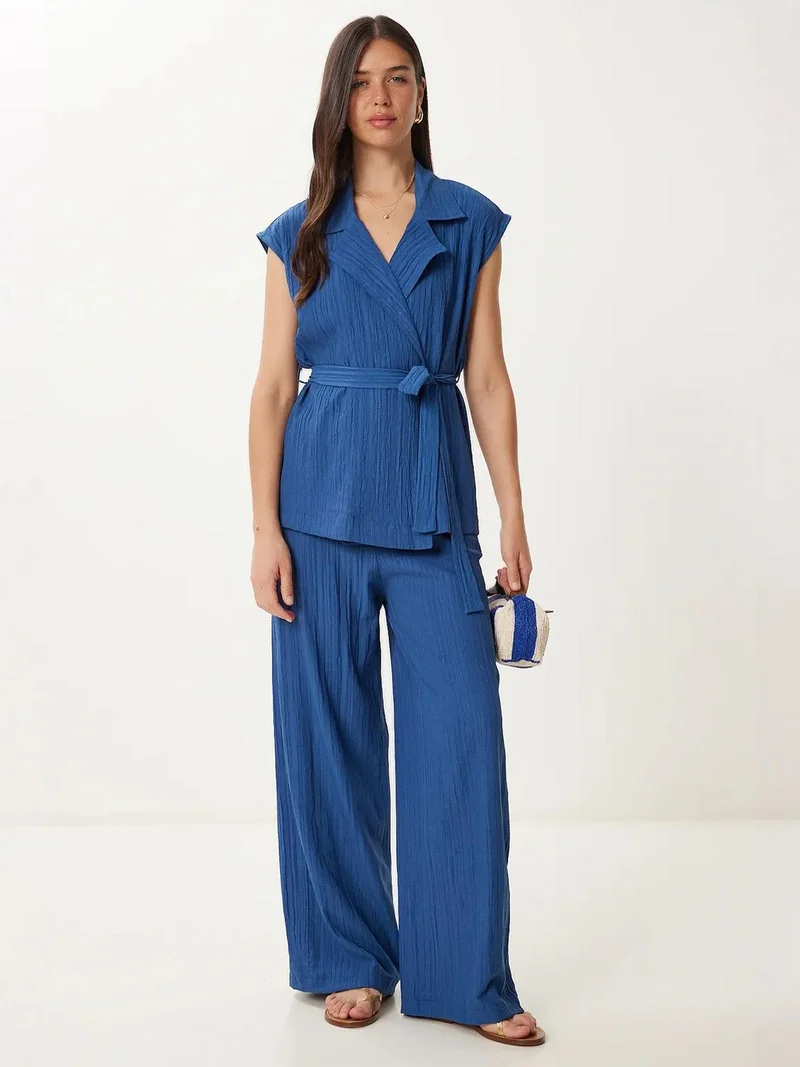 السعادة في إسطنبول ISTANBUL High Waist Two-Piece Set with Shirt Collar and Wide Leg Pants
