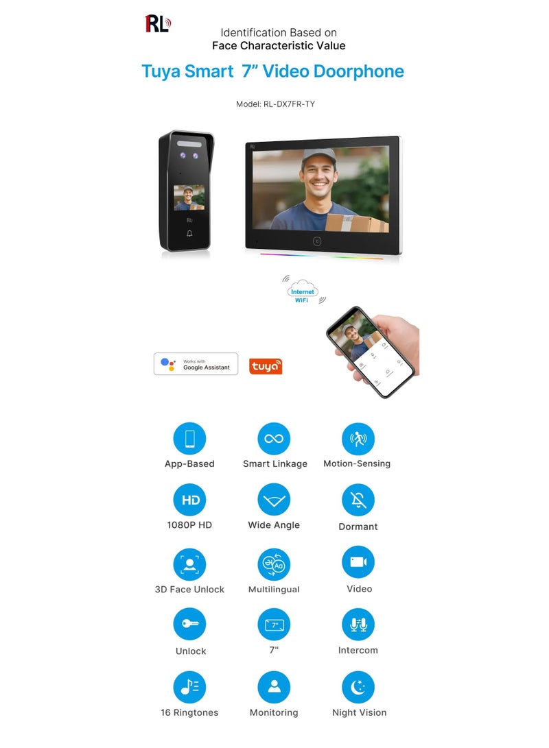Crony RL-DX7FR Smart Face Recognition Video Doorphone | 7-Inch HD Touchscreen | 2MP Camera | Night Vision | Visual Intercom | Supports Tuya App, 512GB TF Card, and Loop Recording | Weather Forecast & LED Light | Dual Outdoor Camera Support - Image 4