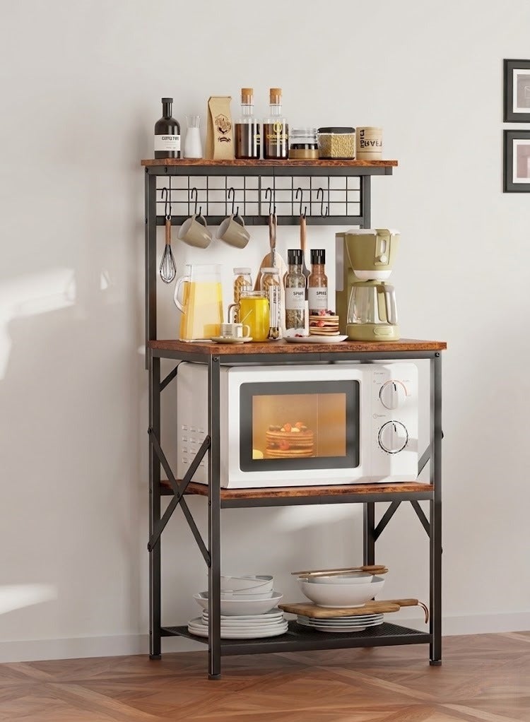 Yanara Modern 4-Tier Kitchen Bakers Rack with Hutch & Pegboard | Microwave Oven Stand with 6 S-Hooks | Industrial Coffee Bar Station & Spice Organizer Workstation - Image 1
