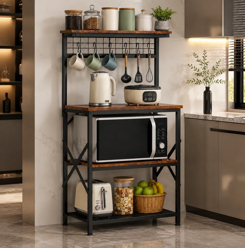 Yanara Modern 4-Tier Kitchen Bakers Rack with Hutch & Pegboard | Microwave Oven Stand with 6 S-Hooks | Industrial Coffee Bar Station & Spice Organizer Workstation - Image 1