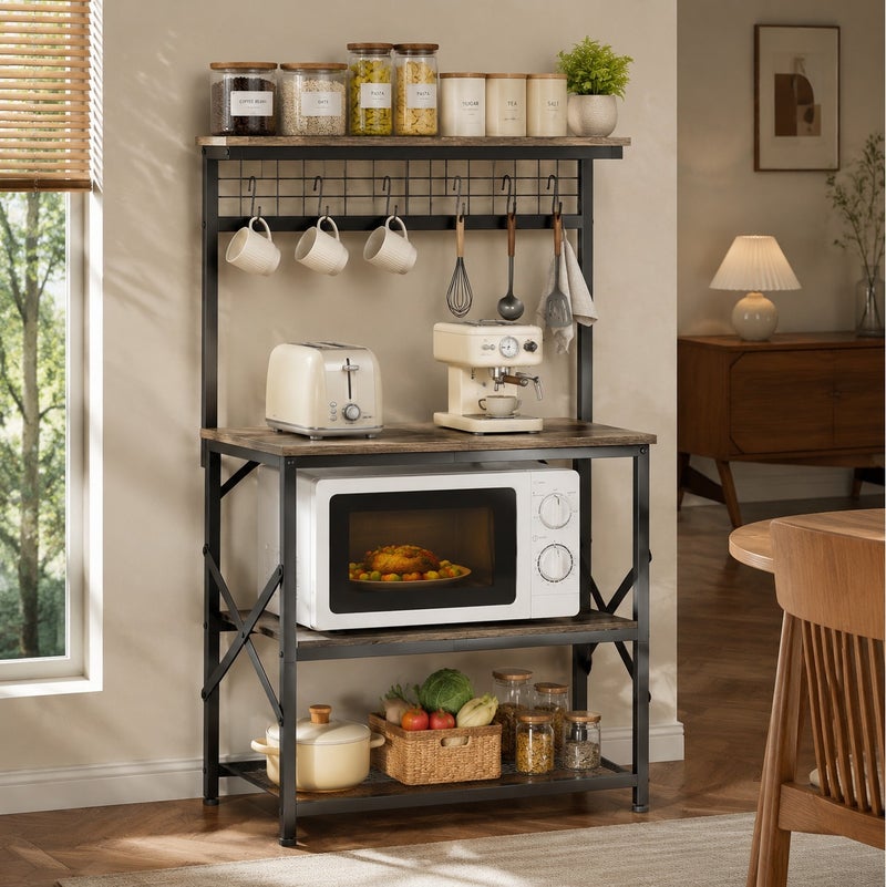 Yanara Modern 4-Tier Kitchen Bakers Rack with Hutch & Pegboard | Microwave Oven Stand with 6 S-Hooks | Industrial Coffee Bar Station & Spice Organizer Workstation - Image 3
