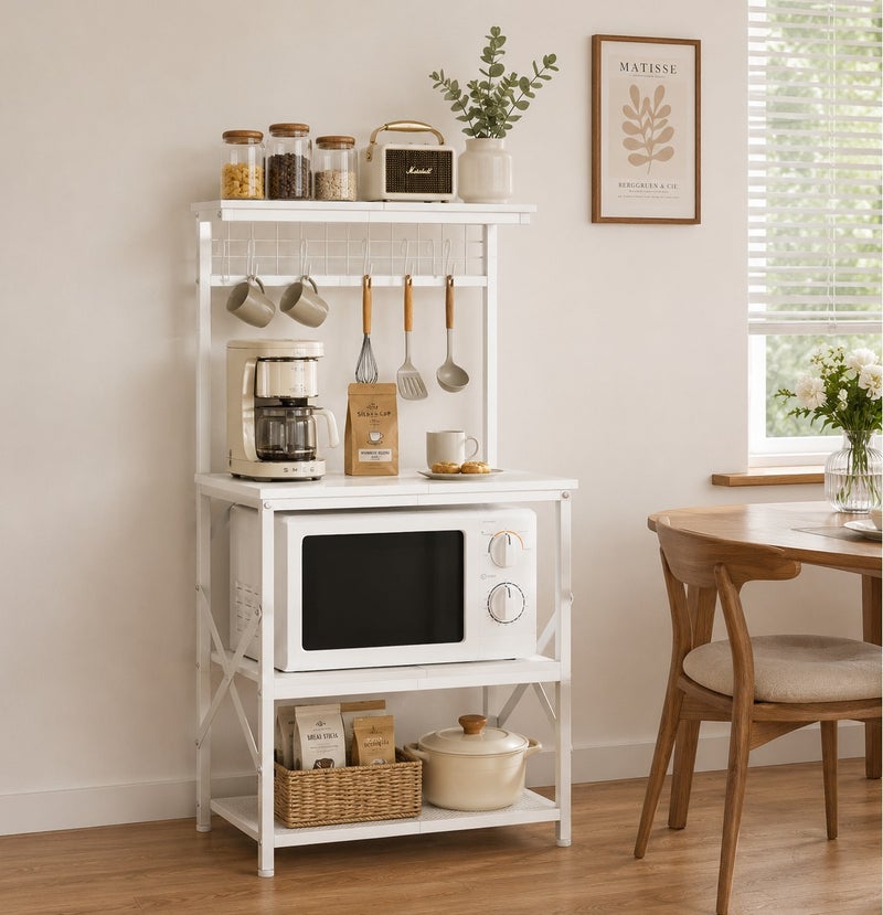 Yanara Modern 4-Tier Kitchen Bakers Rack with Hutch & Pegboard | Microwave Oven Stand with 6 S-Hooks | Industrial Coffee Bar Station & Spice Organizer Workstation - Image 4