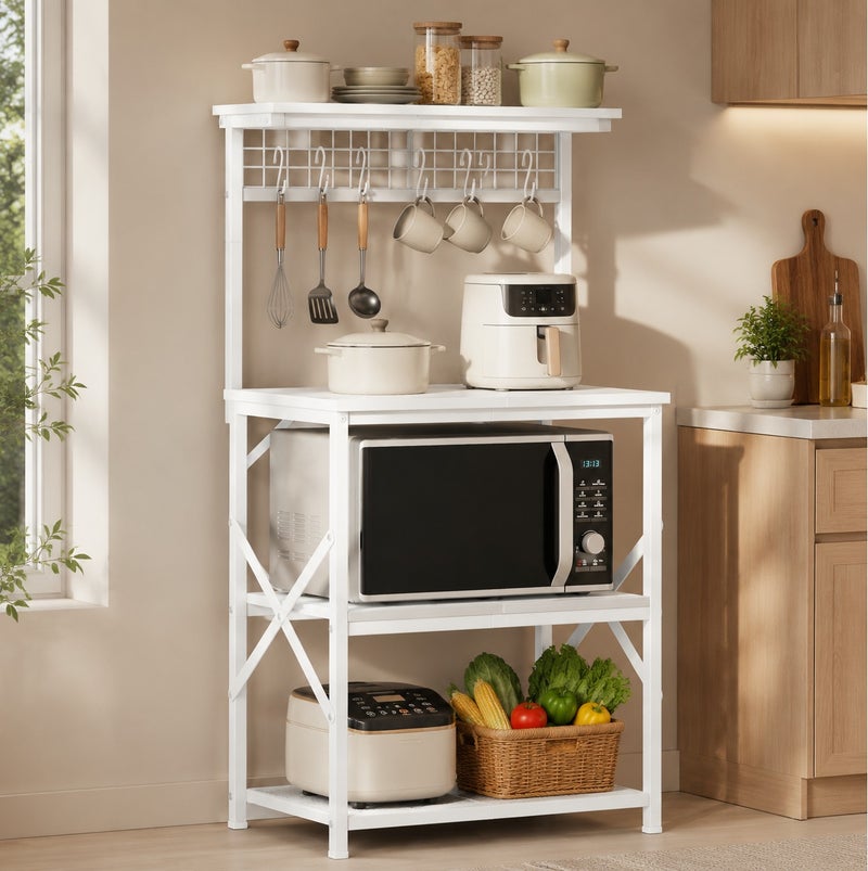 Yanara Modern 4-Tier Kitchen Bakers Rack with Hutch & Pegboard | Microwave Oven Stand with 6 S-Hooks | Industrial Coffee Bar Station & Spice Organizer Workstation - Image 2