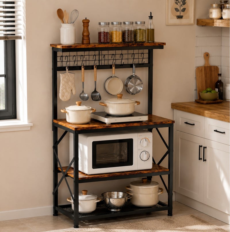 Yanara Modern 4-Tier Kitchen Bakers Rack with Hutch & Pegboard | Microwave Oven Stand with 6 S-Hooks | Industrial Coffee Bar Station & Spice Organizer Workstation - Image 5