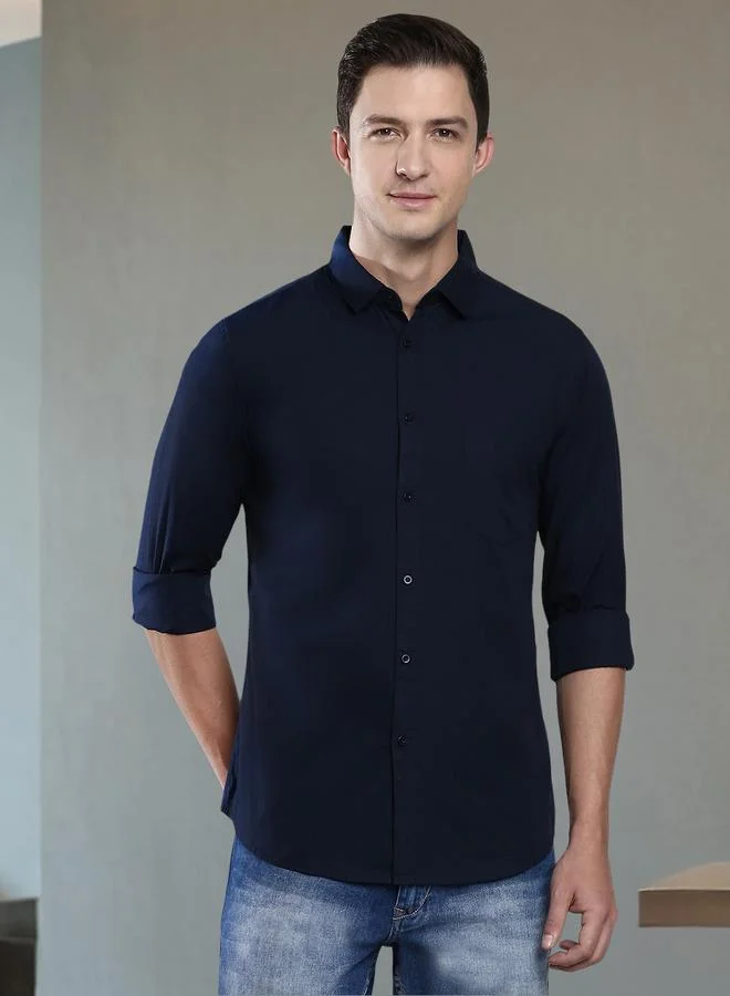 Dennis Lingo Slim Fit Navy Blue Men's Casual Shirt, Spread Collar, Full Sleeves, 100% Cotton,