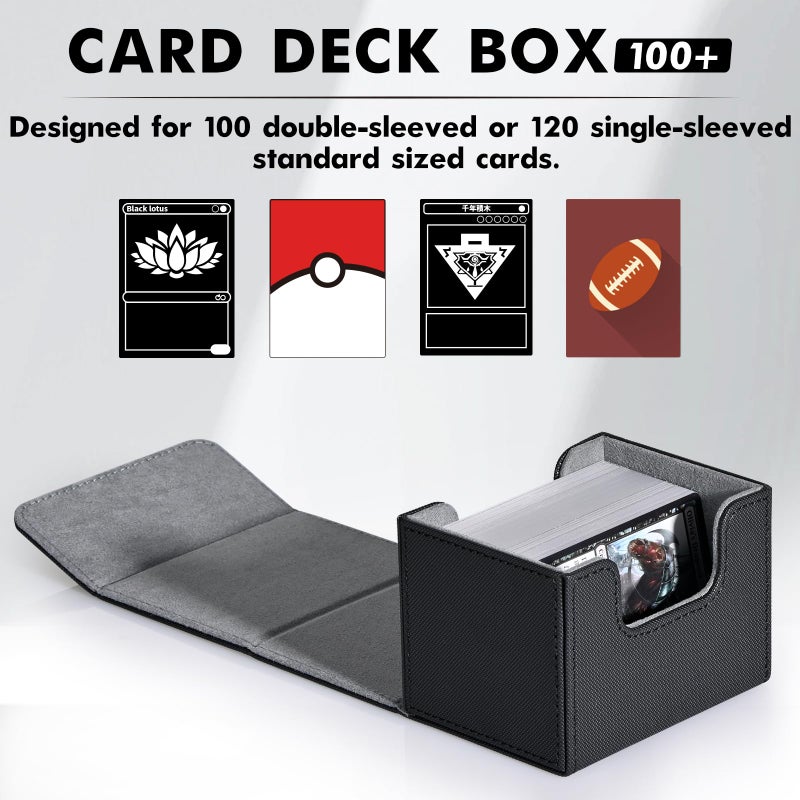ZLCA Card Deck Box for Trading Cards, MTG Commander Deck Box Holds 120+ Single Sleeved Cards, Leather Magnetic Card Storage Box Fits for TCG CCG Magic Cards (Black) - Image 2