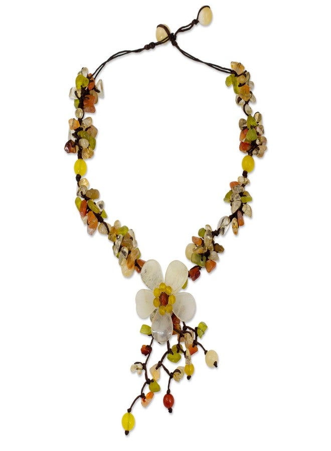 NOVICA Artisan Handmade Quartz Carnelian Flower Necklace Fair Trade Floral Beaded Serpentine Multigem Multicolor Pendant Thailand Birthstone [necklace 15.25 in min L x 16.5 in max L x 0.8 in W Penda] - Image 1